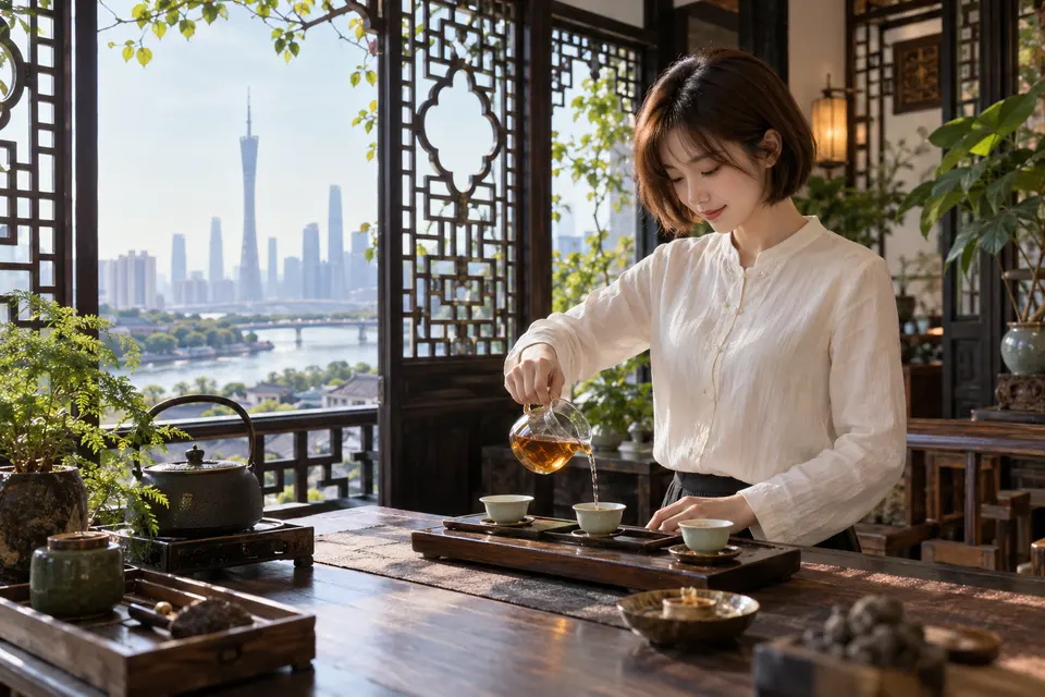 岭南花窗前的公道杯与冲泡动作