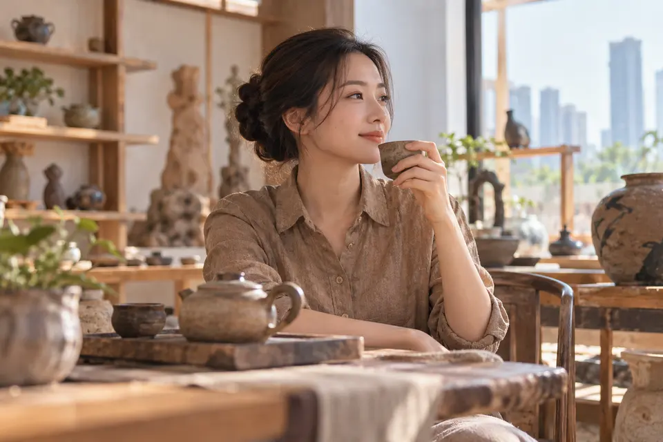 陶艺工作室中的茶杯与茶器陈列