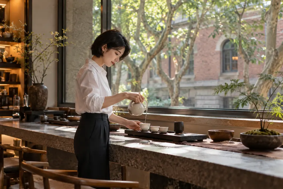 都市街区茶室中，白瓷茶具与倒茶动作的近景